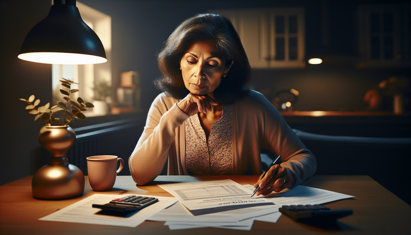 Woman reviewing retirement savings statement at kitchen table in the evening