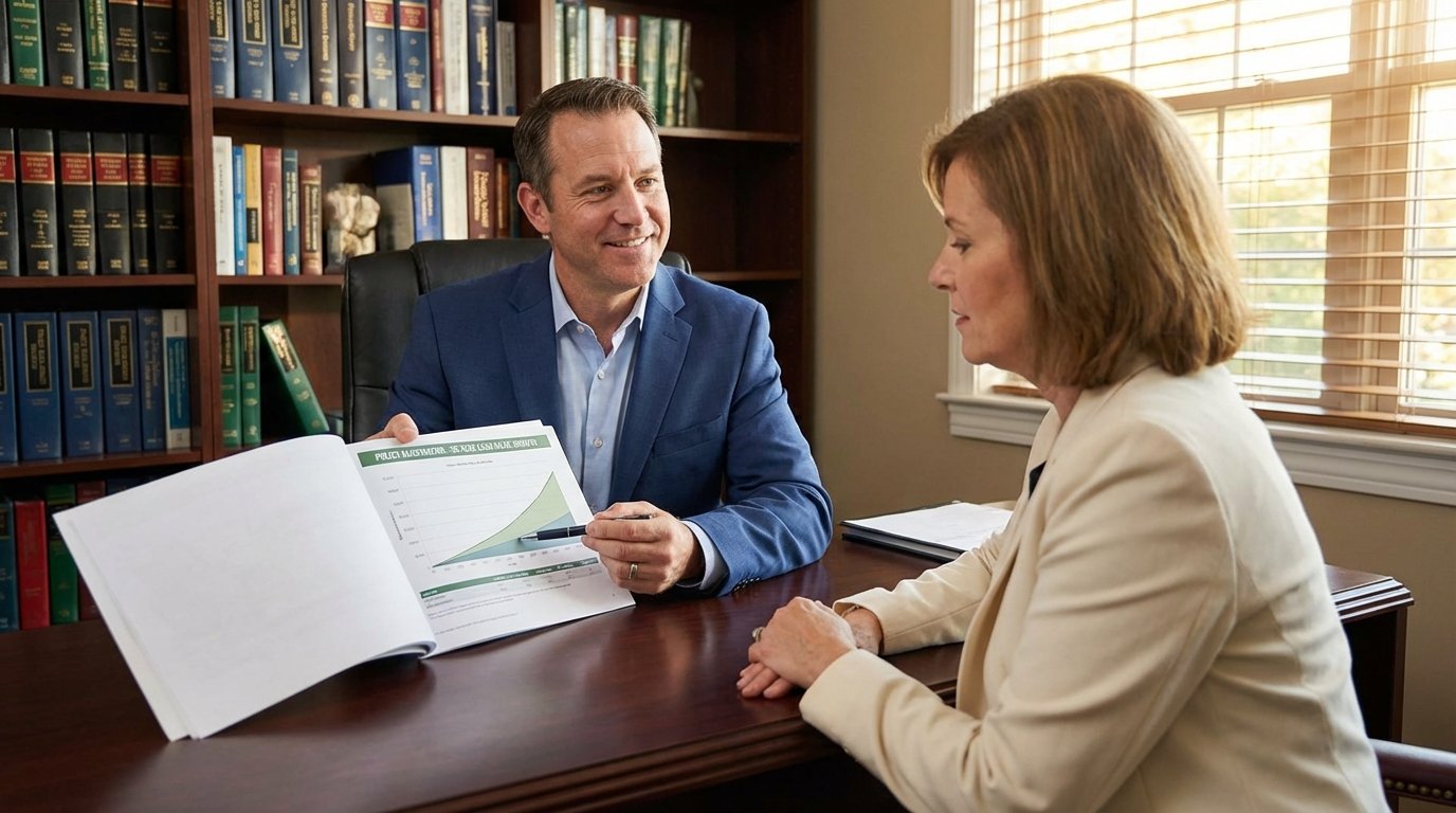A financial advisor showing a client a life insurance policy illustration chart during a retirement planning consultation