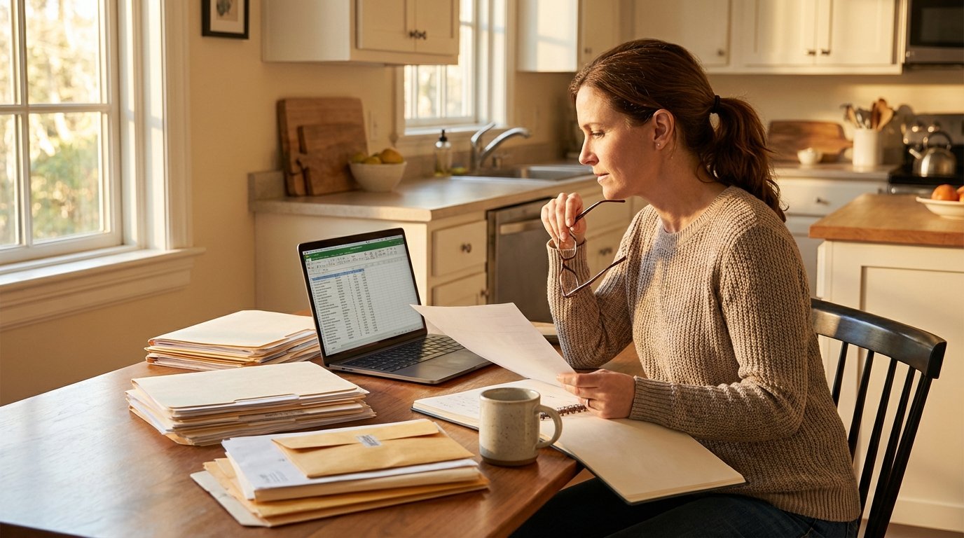 Woman reviewing disability insurance paperwork and medical bills at home