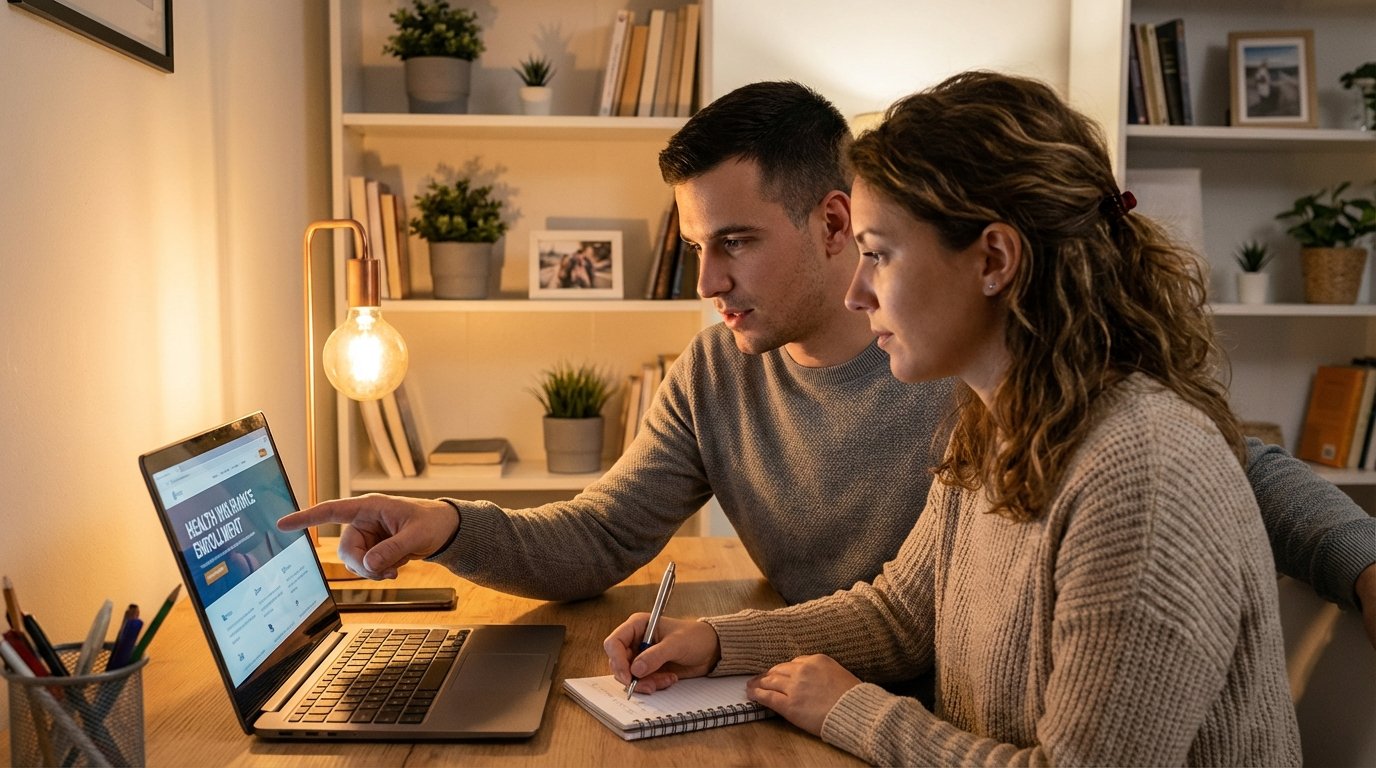 Couple reviewing health insurance enrollment options on laptop