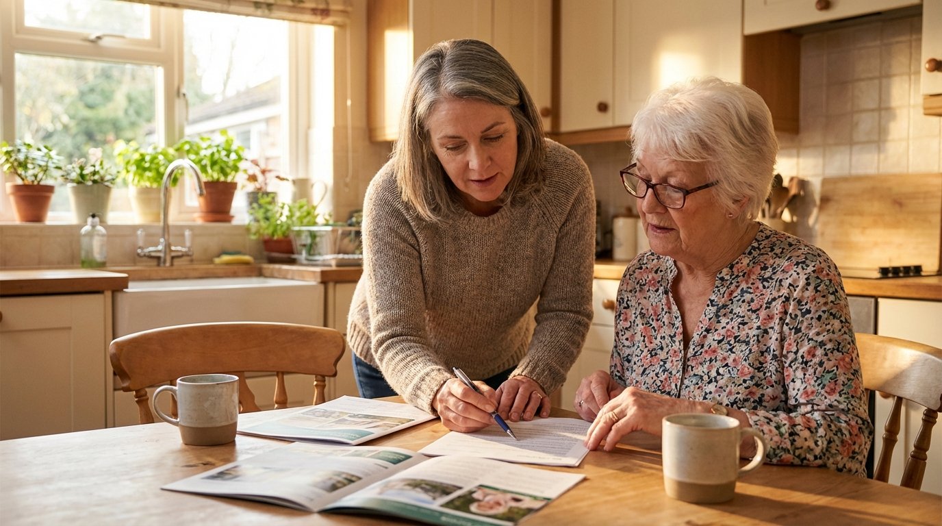Adult daughter reviewing long-term care planning documents with her elderly mother at home
