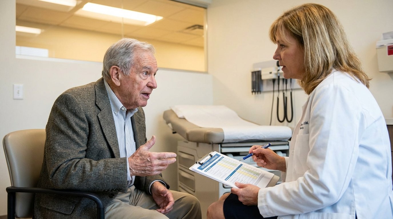 Doctor explaining Medicare Advantage plan options to an elderly patient