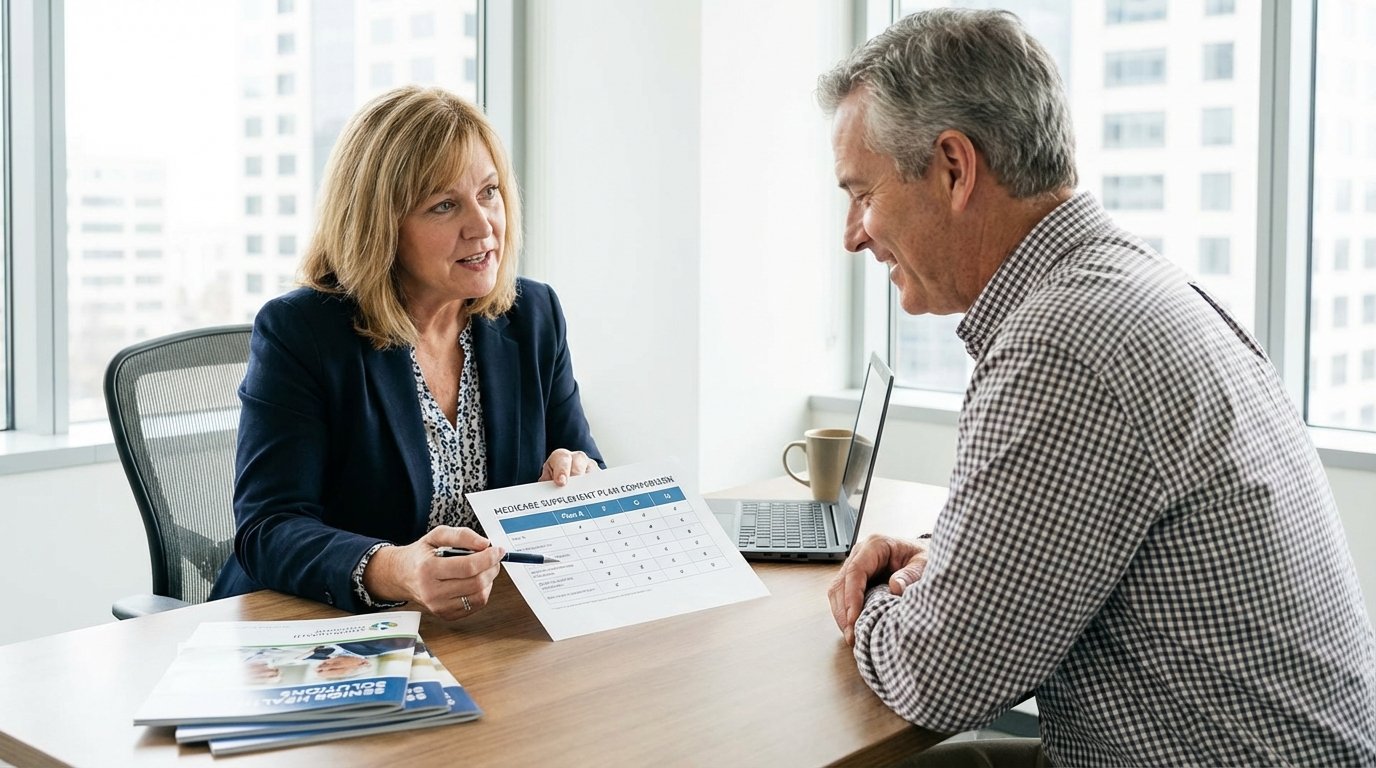 Insurance advisor explaining Medigap plan letter options to a client