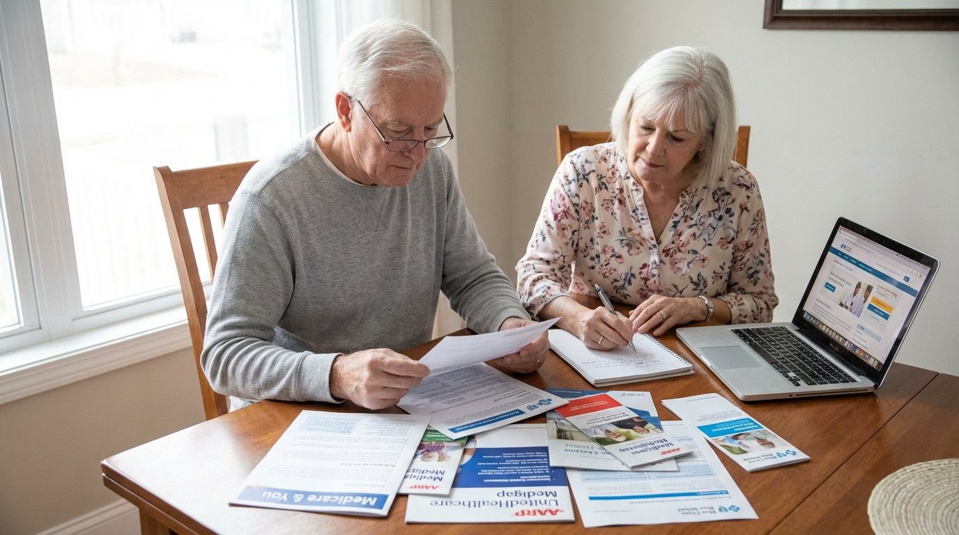 Retired couple reviewing Medicare supplement insurance plans and Medigap options at home