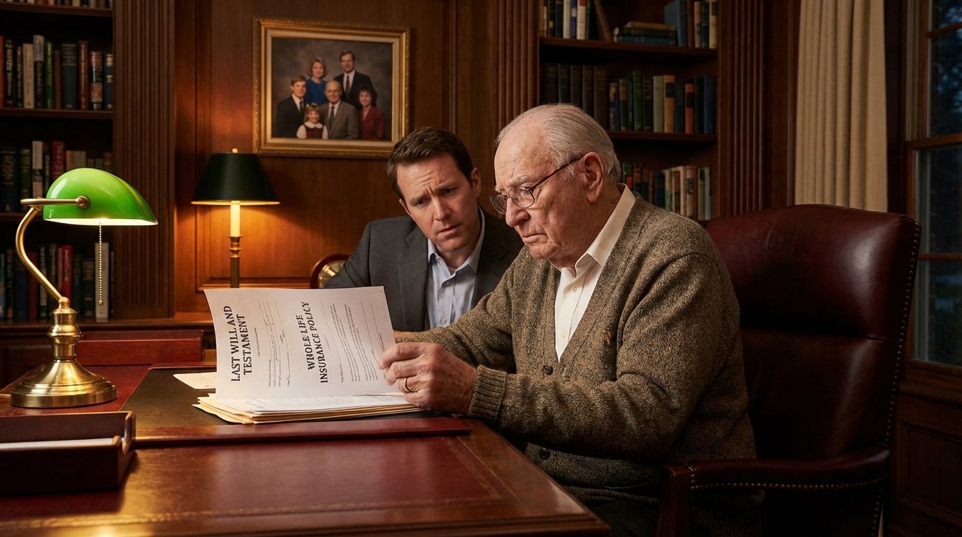Elderly man reviewing whole life insurance estate planning documents with his adult son